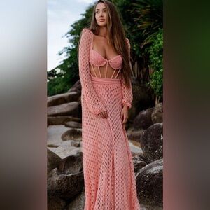 Brand New! PatBo Inspired Monstera Crochet Bustier Dress in Island Pink